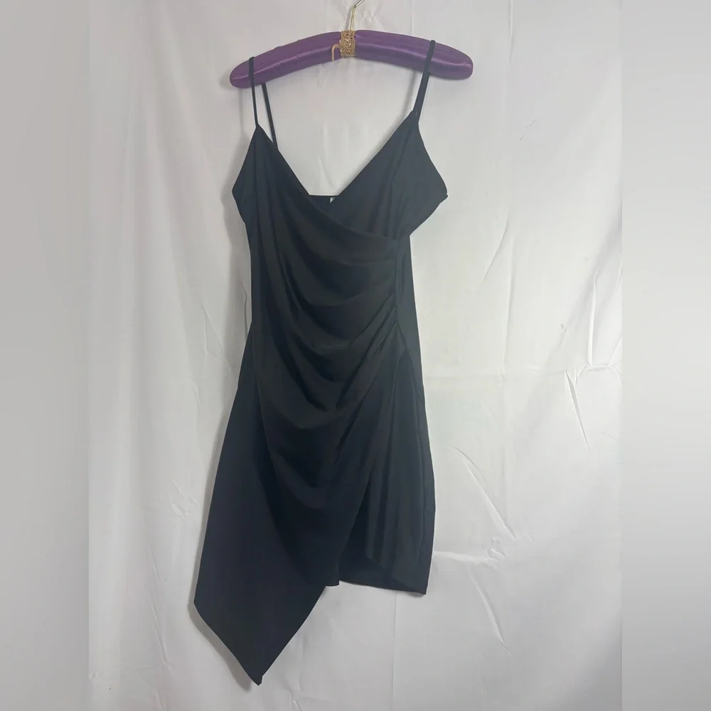 Y2K Little Black Dress Asymmetrical Hem Club Dance Faux Wrap Ruched Size L - Picture 2 of 10